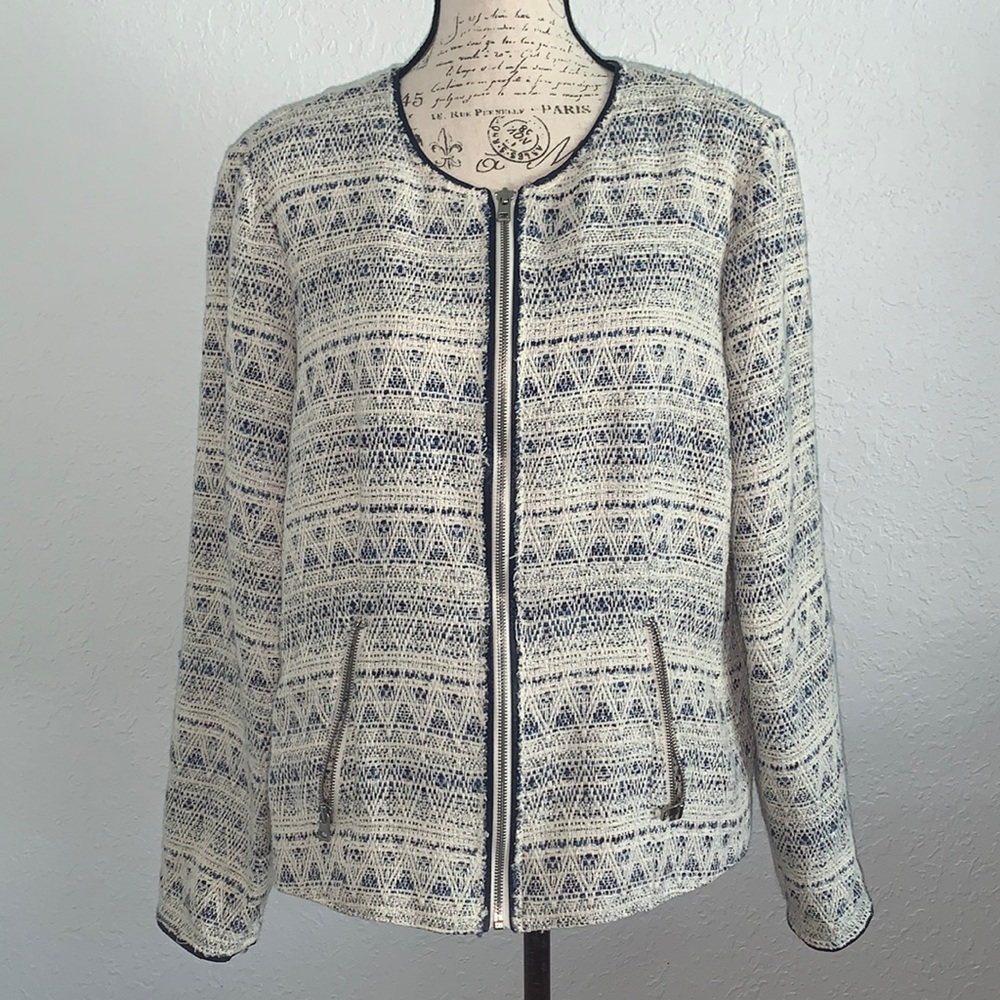 a.n.a. Cotton and Wool blue silver and white zip up blazer XL